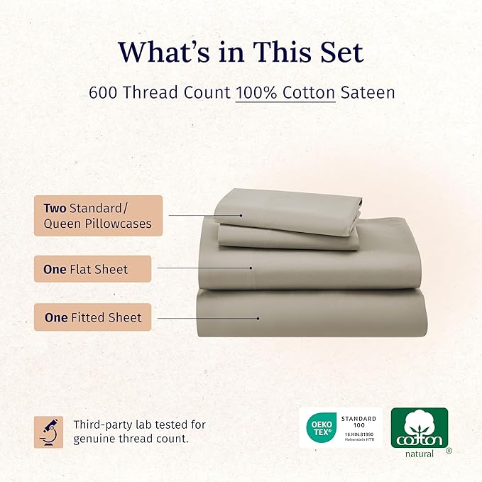 California Design Den Luxury Queen Size Sheet Set - 100% Cotton, 600 Thread Count Deep Pocket Queen Sheets, Hotel-Quality Bedding with Sateen Weave (Cool Taupe)