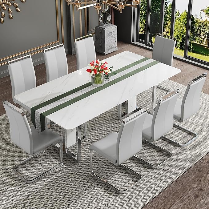 79 Inch Modern Dining Table Set for 8, White Luxury Kitchen Set with 1.8-inch Faux Marble Table Top & 8 PU Leather Upholstered Chairs for Dining and Living Room