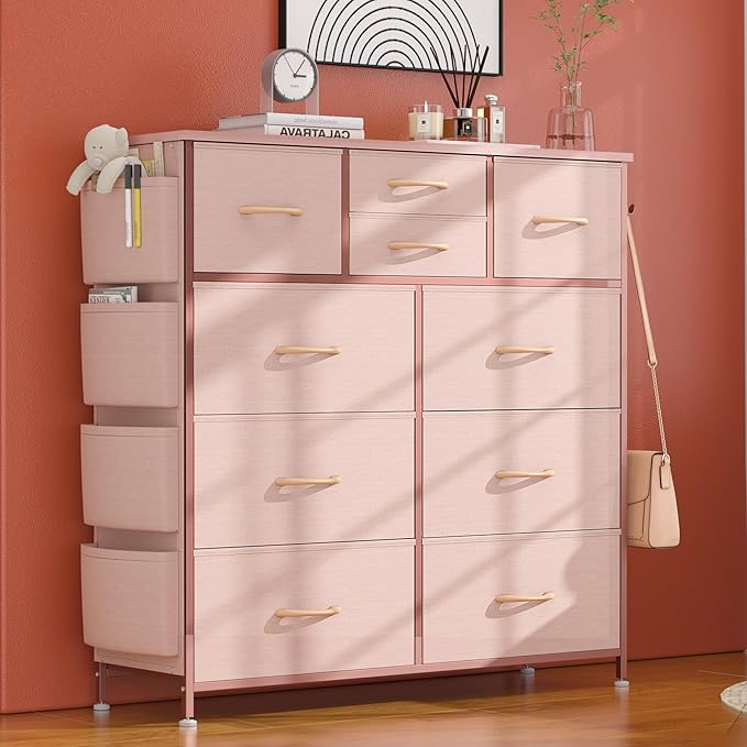 Lulive 10 Drawers Pink Dresser for Bedroom - Chest of Drawers with Side Pockets and Hooks, PU Storage Dresser, Organizer Unit for Living Room, Hallway, Closet (Pink)
