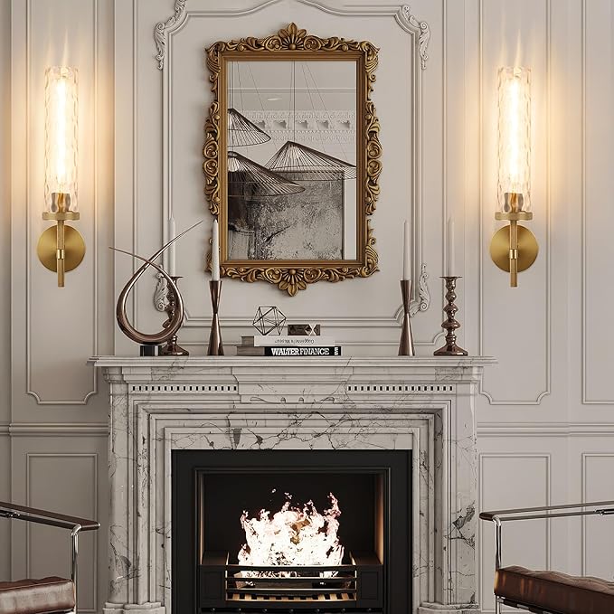 19.5" Knurled Brass Wall Sconce with Water Ripples Glass Tube, Gold Bathroom Vanity Light Fixtures, Modern Lamp Lighting for Bedroom, Living Room, Hallway, Staircase, Mirror, Kitchen