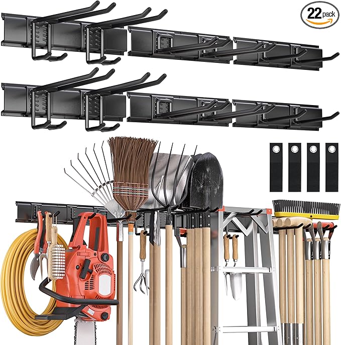 Garden Tool Organizer Wall Mount, 96 inches Tool Storage Rack with Adjustable Hooks, 600lbs Adjustable Heavy Duty Metal Hooks, Yard Shed Rack Holder System Hanging Rake Broom Mop Snowboard, Men Gift