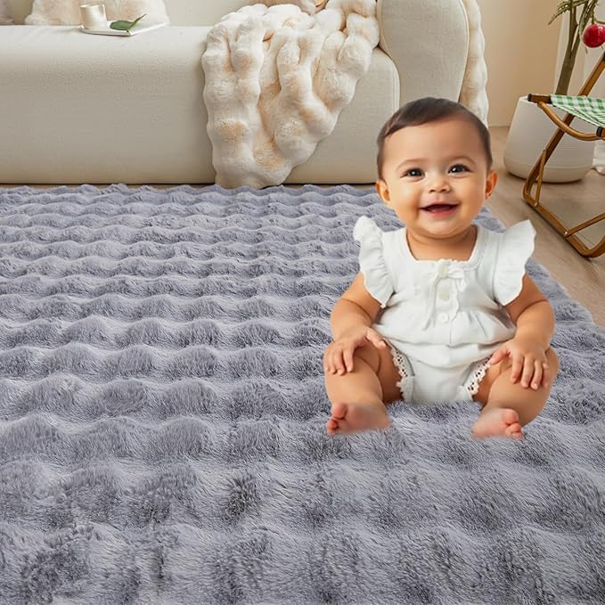 Gray Rabbit Plush Area Rug for Bedroom Living Room Sofa,3'X5' Faux Fur Fluffy Shaggy Rectangular Square Rug for Kids Teen Girls Room,Furry Carpet Rug for Nursery Baby Room Decor for Teenage