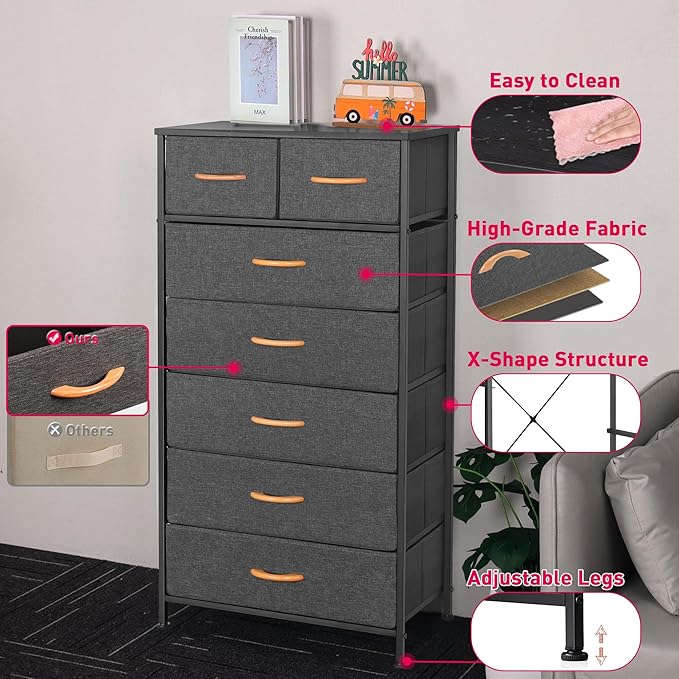 Tall Dresser for Bedroom, Vertical Storage Organizer Tower with 7 Drawers, Chest of Drawers with Fabric Bins, Steel Frame, Wood Top for Bedroom, Closet, Entryway- Grey