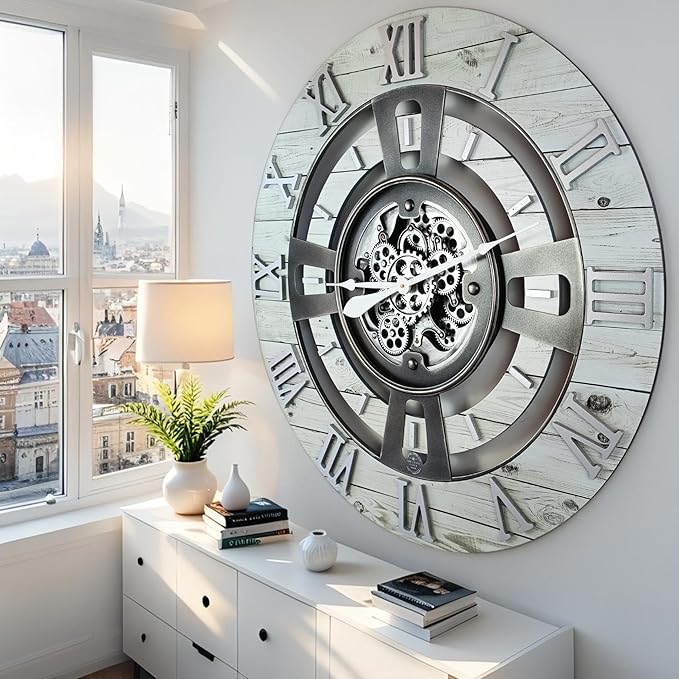 The Gears Clock Real Moving Gear Wall Clock England Line (White Farmhouse, 36 inches (90 cm))