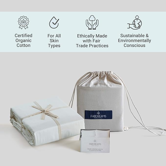 Fabdreams 100% Organic Cotton King Size Sheet Set | 400 Thread Count Sheet Set | GOTS Certified | Long Staple Cotton | Upto 17" Elasticised Deep Pockets | Soft Silky Shiny | Ivory