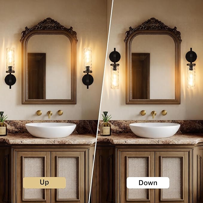 15" Knurled Brass Wall Sconces Set of 2, Black Gold Bathroom Vanity Light Fixtures with Water Ripples Glass Tube, Modern Lamp Lighting for Bedroom, Living Room, Hallway, Staircase, Mirror, Kitchen