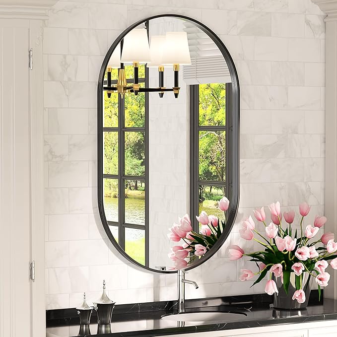 Suidia 26" x 38" Bathroom Mirror, Bathroom Vanity Mirror Metal Framed, Wall-Mounted Mirrors for Bedroom, Living Room, Entryway, Hallway, Black, Oval Style