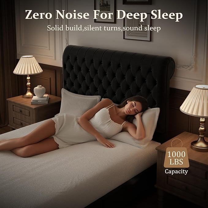 57.5" Tall Queen Upholstered Bed Frame with Rolled Headboard and Footboard, Plaform Bed Frame with Deep Button Tufting, Soft Chenille Fabric, Noise Free, No Spring Box Needed, Black