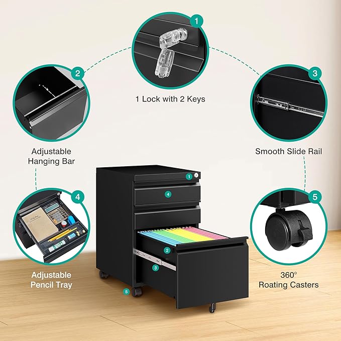 3 Drawer File Cabinet with Lock,Under Desk File Cabinet with Wheels,Black Rolling Filing Cabinets,Three Drawer Metal Filing Cabinet for Home Office,Fit A4/Letter/Legal File,- Assembly Required