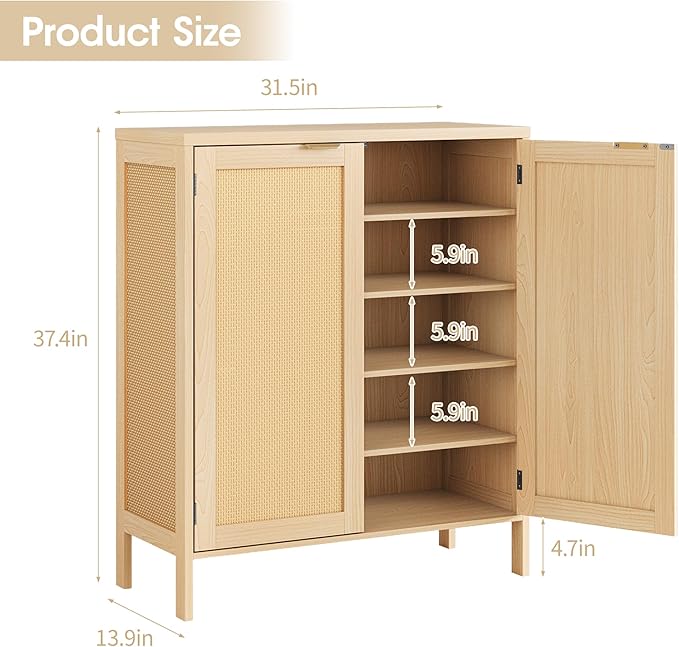 Maupvit Real Rattan Shoe Storage Cabinet with 2 Doors and 5 Shelves, Boho Shoe Organizer Cabinet, Accent Credenza Cabinets, 5-Tier Shoe Cabinet Storage for Entryway, Hallway, Living Room