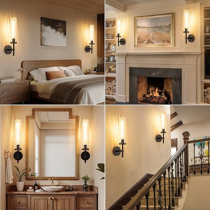 19.5" Knurled Brass Wall Sconces Set of 2, Black Gold Bathroom Vanity Light Fixtures with Water Ripples Glass Tube, Modern Lamp Lighting for Bedroom, Living Room, Hallway, Staircase, Mirror, Kitchen