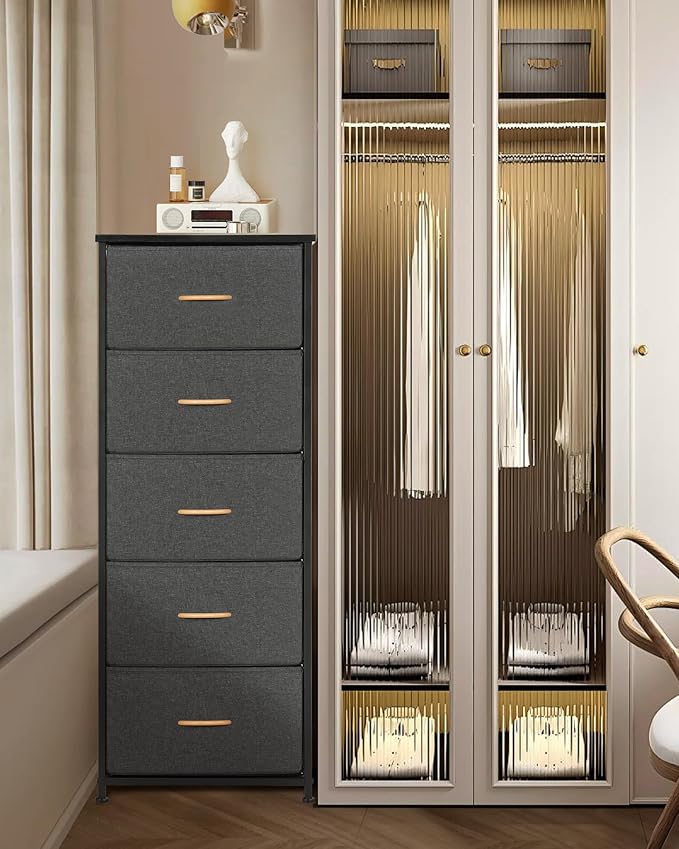 Dresser for Bedroom, Fabric Tall Dresser & Chests of Drawers with 5 Drawers, Vertical Organizer Storage Tower Unit for Bedroom, Hallway Grey