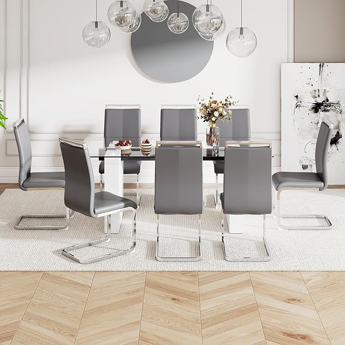 FURNITO Glass Dining Table Set for 8,Modern Dining Table Set,71 in White Dining Table with 8 PU Leather Dining Chairs for Kitchen Dining Room(Glass Dining Table + 8 PU Leather Chairs)