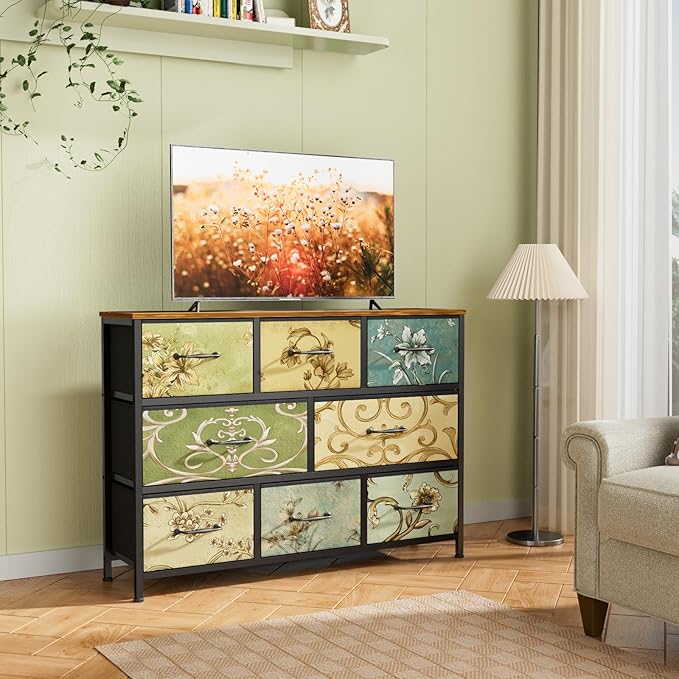 Furnulem 8 Drawer Dresser, Wide Fabric Chest of Drawers, Vintage Furniture for Bedroom, Living Room, Hallway, Closet Clothes Storage, Wooden Top