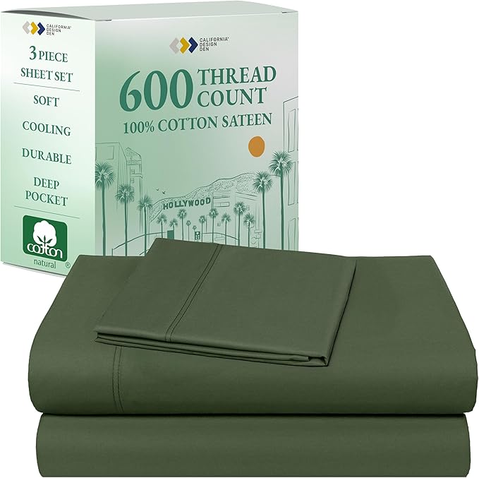 California Design Den Twin XL Bed Sheets Set - Luxury 600 Thread Count 100% Cotton Sheets Sateen, Cooling Deep Pocket Extra Long Twin Sheets Cotton Set, Soft Hotel-Quality Bedding - Olive Green
