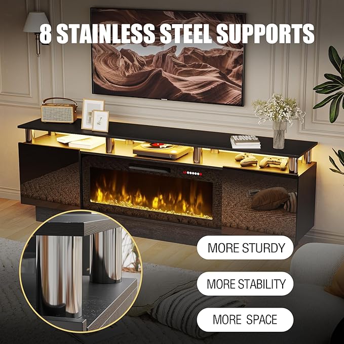 70" Modern Fireplace TV Stand with 36" Electric Fireplace for TVs Up to 80 inch, Luxury LED Light Entertainment Center with High Gloss Cabinet, TV Consoles for Living Room, Black