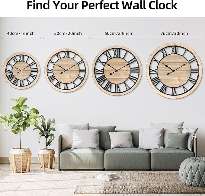 Maxstar 20'' Wall Clock for Living Room Decor, Ultra-Silent Rustic Wooden Farmhouse Wall Clock with Metal & Real Wood Frame, Battery Operated, for Kitchen Bedroom Office, Roman Numerals