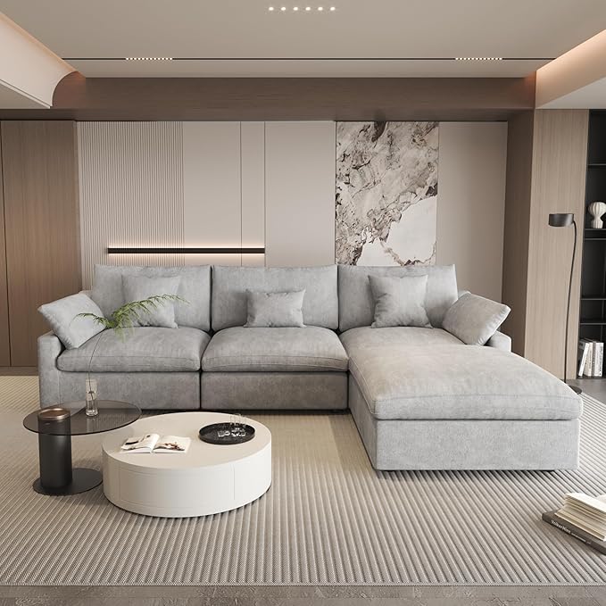 120" Cloud Couch Sectional for Living Room, L Shape Down Filled Modular Sectional Sofa Couch,Convertible Couched with Ottoman, Sofa Covers Washable&Replaceable,Gray