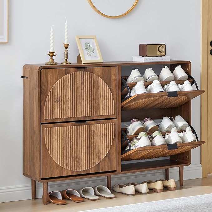 Shoe Storage Cabinet for Entryway, Narrow Shoe Organizer Cabinet, 4 Flip-Down Drawers, Round Fluted Panel, Hidden Wood Slim Shoe Rack for Foyer, Hallway (Walnut)