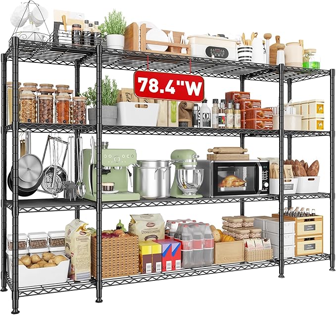 REIBII 78.4''W Storage Shelves Wire Shelving Unit Load 1500LBS,4 Tier Metal Shelving with Adjustable Metal Shelf Wire Rack for Pantry Shelves Commercial Shelving Kitchen Garage 78.4''Wx11.8''Dx59''H