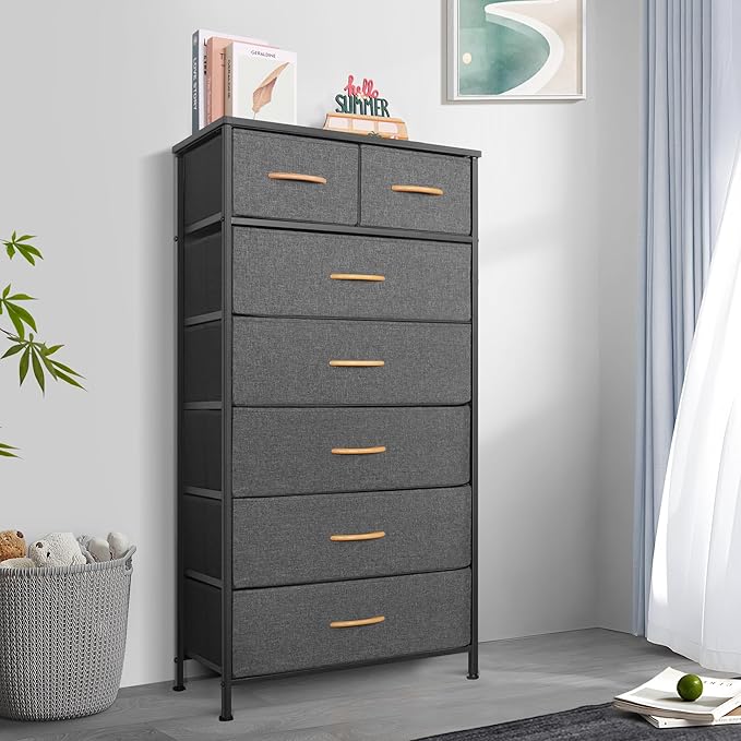 Tall Dresser for Bedroom, Vertical Storage Organizer Tower with 7 Drawers, Chest of Drawers with Fabric Bins, Steel Frame, Wood Top for Bedroom, Closet, Entryway- Grey