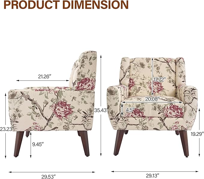 Accent Chair, Modern Fabric Armchair for Living Room, Comfy Upholstered Arm Chair Tufted for Indoor Bedroom Office Room (Pattern Floral)