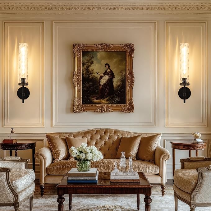 19.5" Knurled Brass Wall Sconces Set of 2, Black Gold Bathroom Vanity Light Fixtures with Water Ripples Glass Tube, Modern Lamp Lighting for Bedroom, Living Room, Hallway, Staircase, Mirror, Kitchen