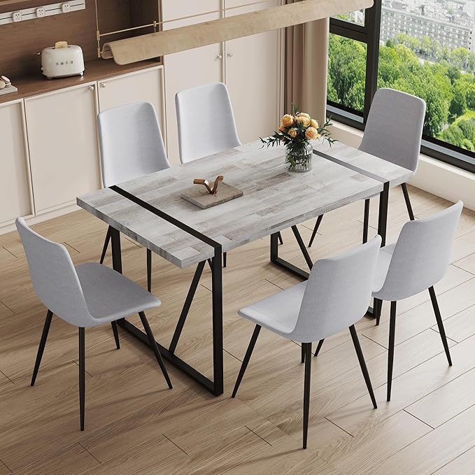 7 Piece Dining Table Set for 6, 55" Wood Kitchen Table with Upholstered Chairs, Modern 6 Chair Dinner Set for Dining Room, Kitchen