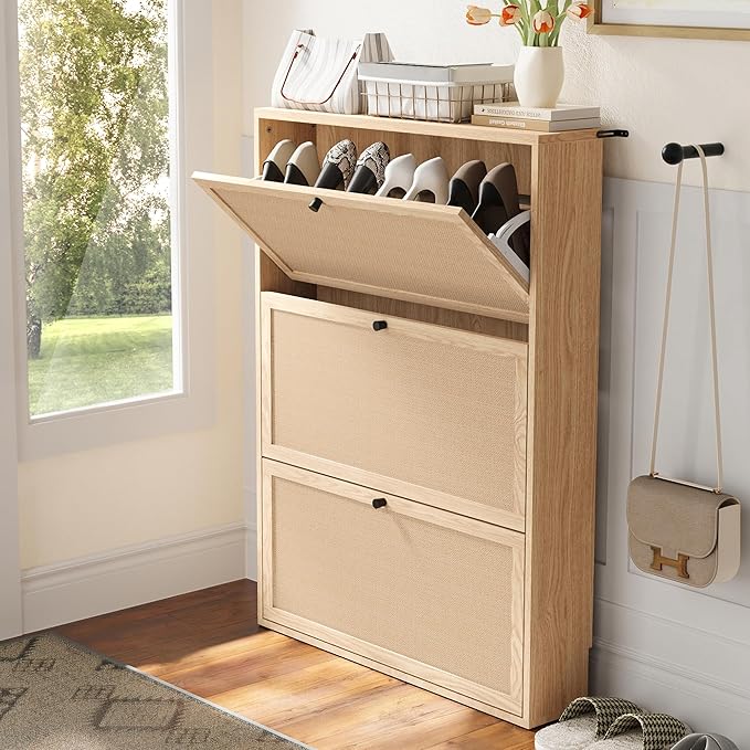 Shoe Storage Cabinet with 3 Flip Drawers, Narrow Wood Shoes Cabinet with Linen Doors Drawer, Freestanding Shoe Organizer Slim Shoe Cabinet Storage Shoe Rack for Entryway Hallway (Natural)