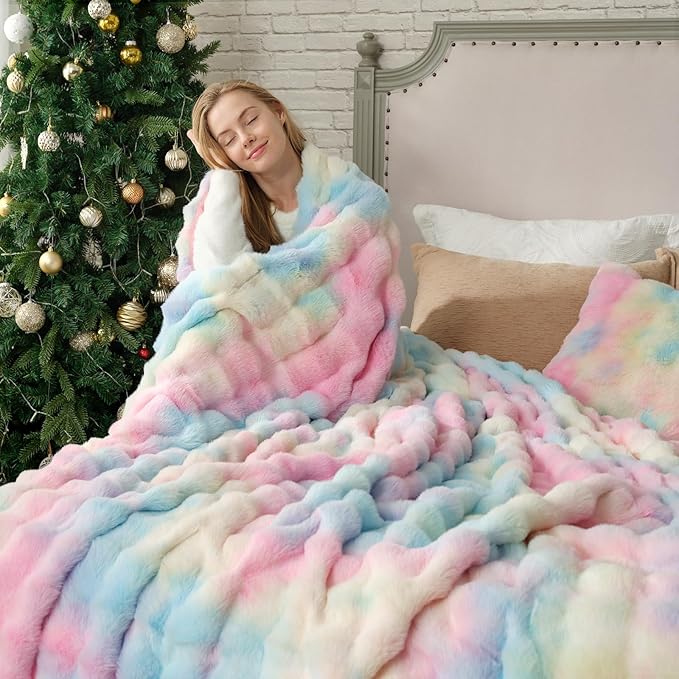Cozy Bliss Faux Fur Throw Blanket for Couch, Bubble Plush Blanket Queen Size, Fuzzy Soft & Thick Blanket for Bed Sofa Living Room, 90x90 Inches Tie-dye Rainbow