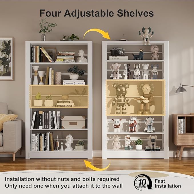 5 Tier White Bookshelf, 68.9" Tall Bookcase with Adjustable Storage Shelves, Heavy Duty Metal Book Shelf Organizer for Living Room, Office, Library, Including Book Stoppers