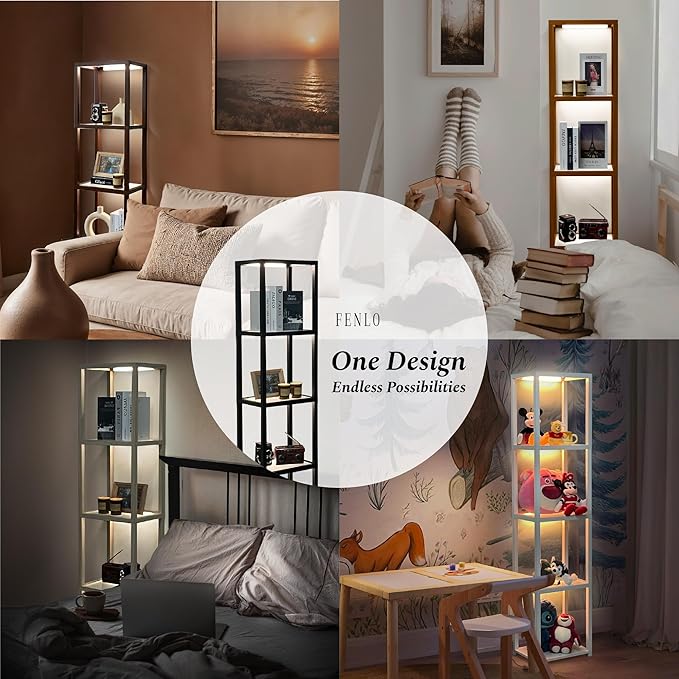 FENLO LED Display Shelf Unit – Dimmable Lighted Furniture for Bedroom, Living Room, or Office – Glass Curio Cabinet Shelf Lamp with App + Remote Control + Adjustable Lighting