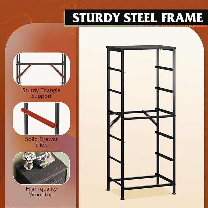 WLIVE Tall Dresser for Bedroom, 6 Drawer Dressers & Chests of Drawers, Fabric Dresser for Closet, Night Stand with Metal Frame, Storage Tower with Fabric Bins, Woodtop, Charcoal Black Wood Grain Print