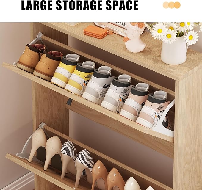 Shoe Cabinet with 2 Flip Drawer Drawer, Modern Shoe Organizer Freestanding Shoe Cabinet Storage, Shoe Storage Shoe Rack for Closet with Linen Doors Drawer in Hallway, Entrance (Natural)