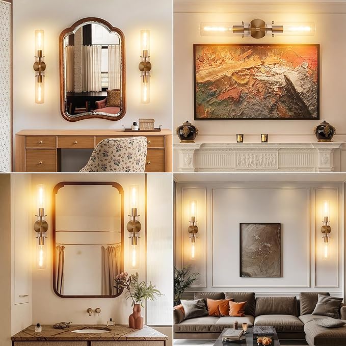 Brass Gold 2-Light Knurled Wall Sconce, Dual-Head Vanity Lamp Set of Two with Clear Glass Tube, Bathroom Wall Sconces, Wall Lights for Living Room Bedroom Hallway Kitchen Bathroom Mirror