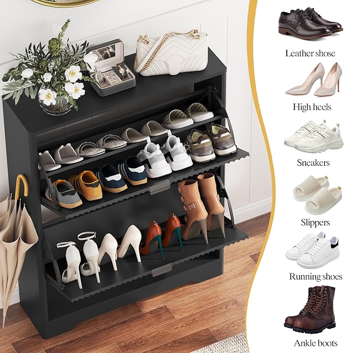 Shoe Cabinet Storage for Entryway with 2 Flip Drawers, Black Fluted Shoe Cabinet with Open Storage, Wooden Hidden Shoe Rack Freestanding Narrow Slim Shoes Organizer for Hallway, Entrance