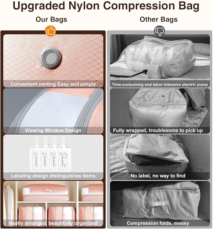 1 Pack Compression Storage Bags - 110L Large Capacity Comforter Storage Bag, 3-Layer Washable Ultra Space Saving Self Compression Organizer Space Bags for Blankets, Sweaters, Sheets, Pink