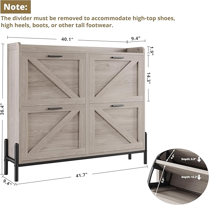 IRONCK Farmhouse Shoe Storage Cabinet with 4 Flip Drawers, Freestanding Shoe Organizer with Adjustable Shelf for Entryway, Narrow Shoe Rack Cabinet for Hallway, Living Room, Gray