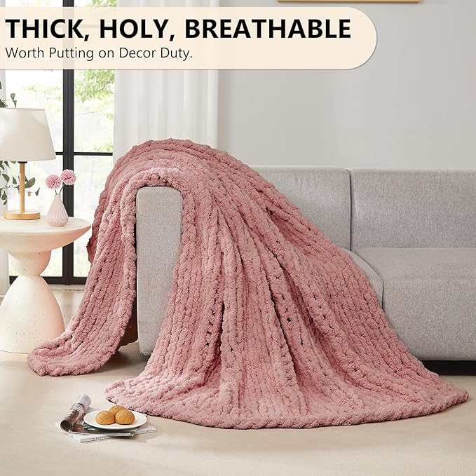 L'AGRATY Chunky Knit Blanket Throw: 80''x90'' Chenille Chunky Knitted Throw Blanket for Bed Couch - Handmade Thick Big Cable Knit Blanket - Large Chunky Crochet Blanket for Home Decor(Rose Pink)