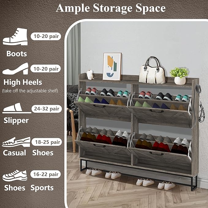 MISHAO Shoe Cabinet Storage for Entryway, Farmhouse Shoe Storage Cabinet with 4 Flip Drawers & Metal Legs, Freestanding Narrow Shoe Rack Cabinet, Rustic Gray