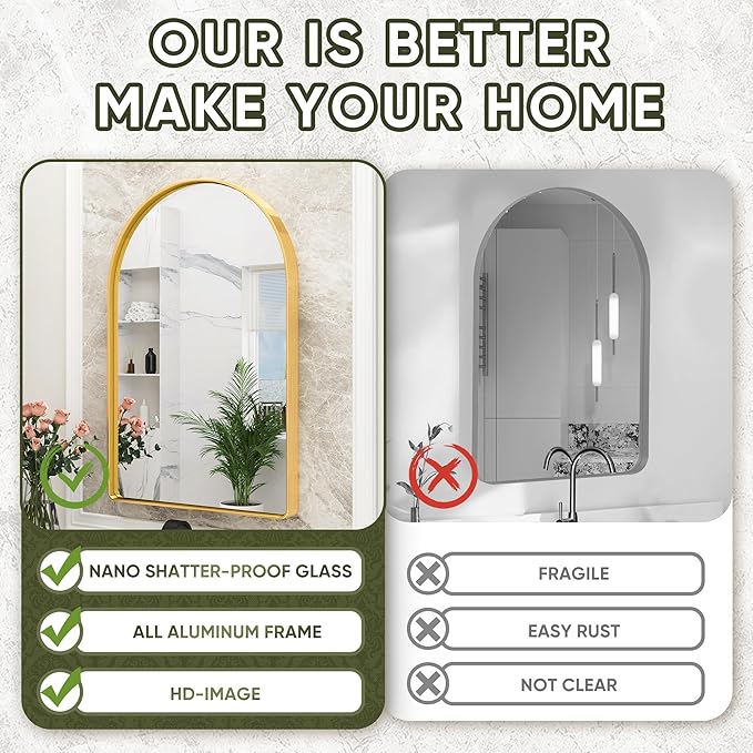 Suidia 26" x 38" Bathroom Mirror, Bathroom Vanity Mirror Metal Framed, Wall-Mounted Mirrors for Bedroom, Living Room, Entryway, Hallway, Gold, Arch Style