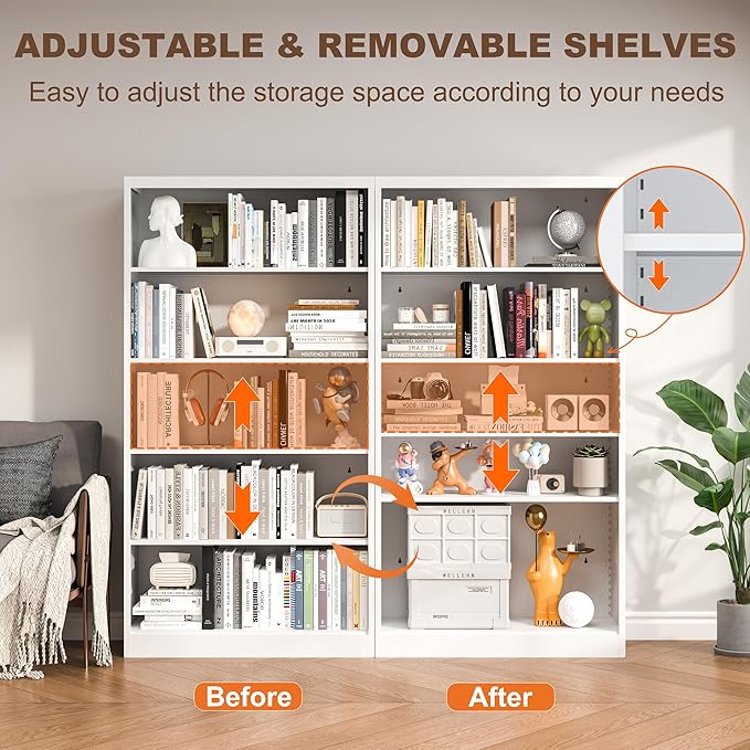 Book Shelf Organizer, Metal Bookshelves Adjustable, 5 Tier White Bookcase, Heavy Duty Open Bookshelf for Office, Living Room, Library, Bedroom, 65.8" Tall