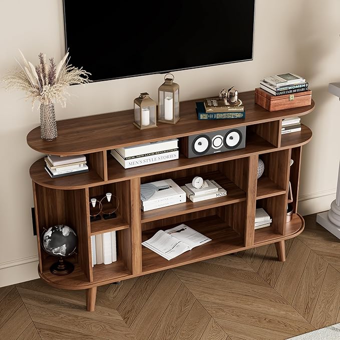 Fluted TV Stand for TVs up to 65 Inch, Mid Century Modern Entertainment Center with Storage and Adjustable Shelves, Media Console with Sliding Doors for Living Room, Bedroom, Walnut