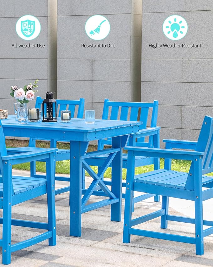 QUASCO 7-Piece Patio Dining Table Sets, Outdoor HDPE Dining Furniture Set Umbrella Hole Cut-Out Table and 6 Chairs for Backyard, Lawn, Deck and Poolside, Blue
