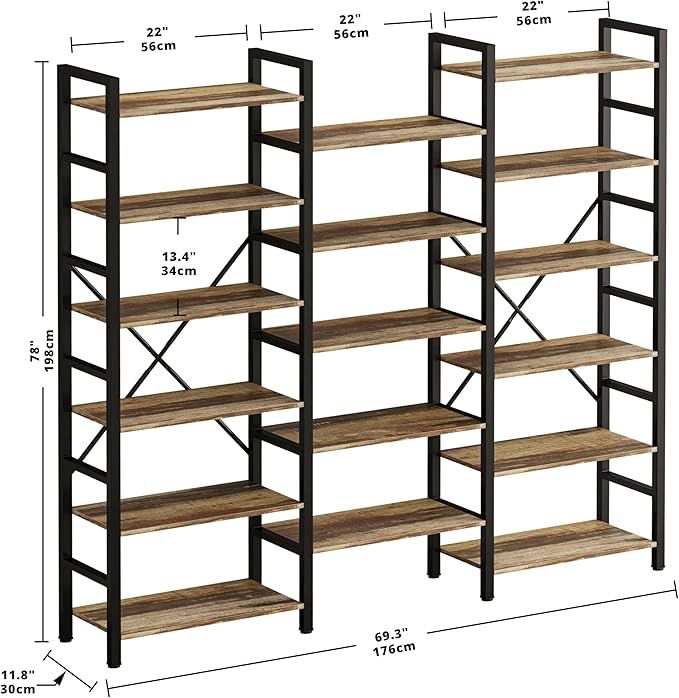 IRONCK Bookshelves 6 Tiers Triple Wide Industrial Bookshelf, Large Etagere Bookshelf Open Display Shelves with Metal Frame for Living Room Bedroom Home Office