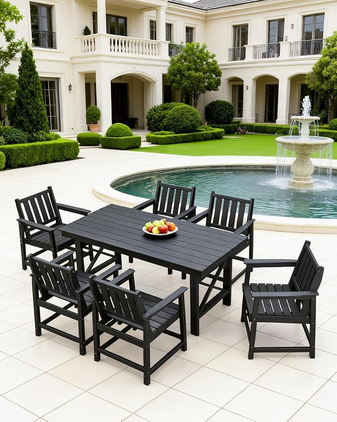 QUASCO 7-Piece Patio Dining Table Sets, Outdoor HDPE Dining Furniture Set with Umbrella Hole Table and 6 Chairs for Poolside, Porch, Yard and Garden, Black