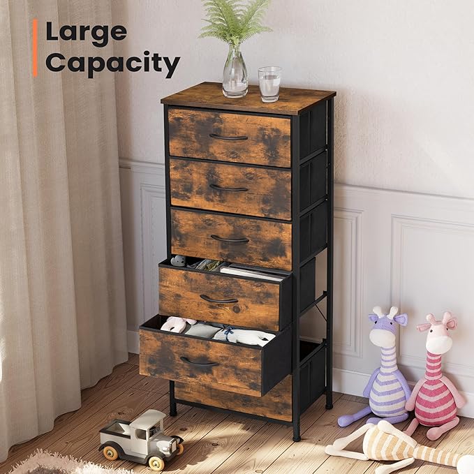 Crestlive Products Vertical Dresser Storage Tower - Sturdy Steel Frame, Wood Top, Easy Pull Fabric Bins- Organizer Unit for Bedroom, Hallway, Entryway, Closets - 6 Drawers (Rustic Brown)
