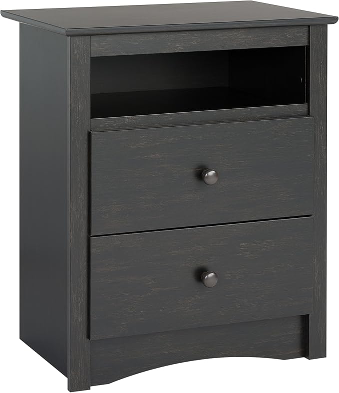 Prepac Sonoma Traditional Tall Nightstand Side Table with 2 Drawers and Open Shelf, Functional Bedside Table 16" D x 23.25" W x 28" H, Washed Black, HDC-2428-V