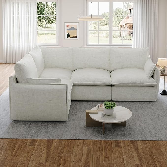 Cloud Sectional Sofa for Living Room,High Backrest Down Filled Couches,Spill & Stain-Resistant with Removable Washable Cushions Cover,4 Seater Oversized Modular V-Shaped Sofa,Cream White