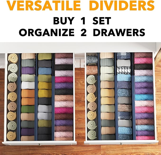SpaceAid Bamboo Dresser Drawer Dividers 6 Pack, 4.65“ High Adjustable 17“-22” Drawer Organizers, Expandable Organization for Clothing, Clothes, Dressers, Navy Blue